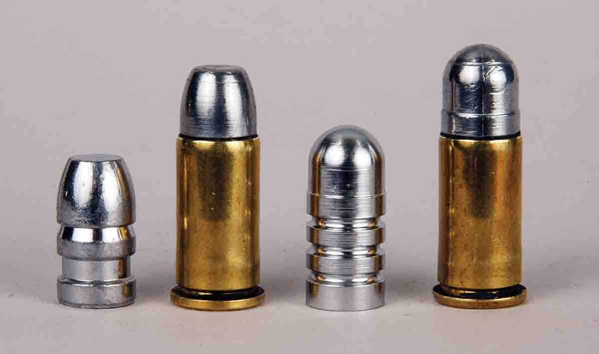 Contrary to popular belief, cast bullets need not be cosmetically perfect. The .38 S&W round at left is perfect, but the one at right has wrinkles in the bullet. It made no difference when shooting groups.